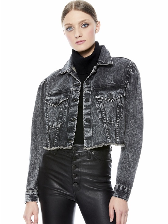 Cello Black Acid-Wash Ultra Cropped Denim Trucker Jacket Frayed Raw Hem Size M